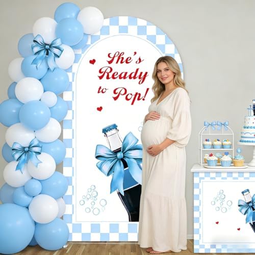 NIVIUS PHOTO She's Ready to Pop Baby Shower Arch Backdrop Cover, Party Decorations, Chiara Arch Cover for Gender Reveal, Birthday Party Photo Booth (7.2FT,G-05635) - Image 3