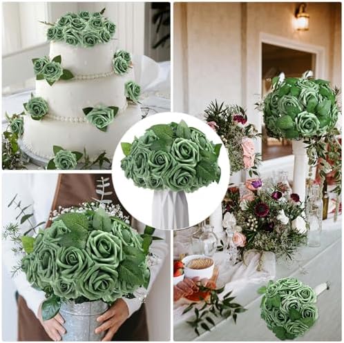 100 Pcs Artificial Foam Rose Flower Faux Bouquet Wedding Fake Rose Gift for Mother's Day Women DIY Bridal Shower Party Table Birthday Home Spring Decor (Elf Green) - Image 6
