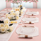 NOCCUR 350PCS Rose Gold Plastic Plates - Clear Rose Gold Disposable Dinnerware Set - Include 100 Dinner/Dessert Plates,50 Cups,50 Pre Rolled Napkins with Cutlery Set - Ideal for Party/Mother's Day - Image 6