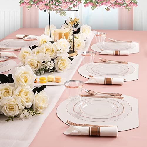 NOCCUR 350PCS Rose Gold Plastic Plates - Clear Rose Gold Disposable Dinnerware Set - Include 100 Dinner/Dessert Plates,50 Cups,50 Pre Rolled Napkins with Cutlery Set - Ideal for Party/Mother's Day - Image 6