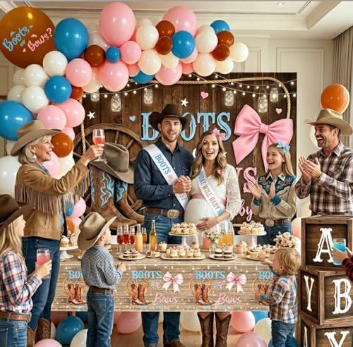 Boots or Bows Gender Reveal Decorations Kit, 7x5ft Polyester Backdrop - Image 6