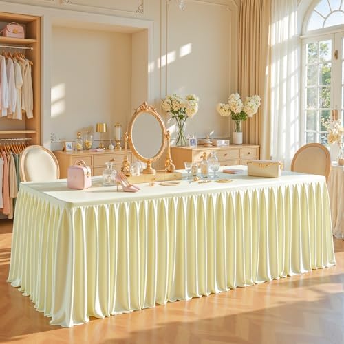 Champagne Satin Tablecloths Rectangle 4FT, Glitter Fitted Stretch Table Covers Wrinkle-Resistant Floor Length Shimmer Pleated Table Skirt for Weddings Parties Baby Shower Banquets Vendor Events - Image 4