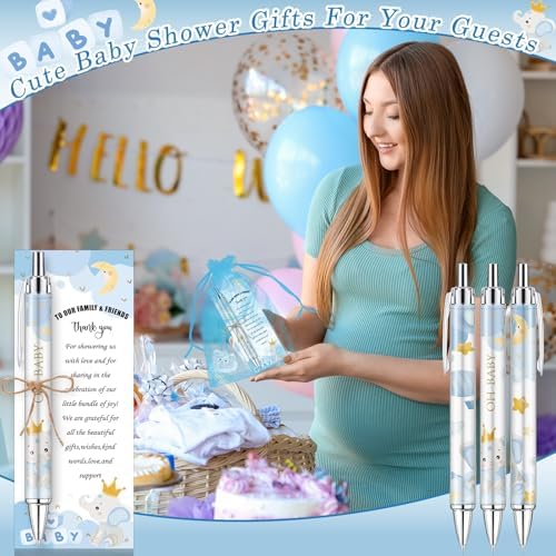 145 Pieces Baby Shower Favors for Guest Blue Elephant Ballpoint Pens and Keychains Gifts for Boys Bulk Retractable Baby Shower Pens Gender Reveal Greeting Cards Souvenirs Prizes Party Favors - Image 4