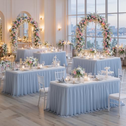 familus Dusty Blue Table Cloths 6 Foot Rectangle 2 Pack Stretch Ruffle Tulle Tablecloth Spandex Fitted Table Cover for 6 Foot Tulle Table Skirts for Party Wedding Table Cloths, Banquets - Image 6