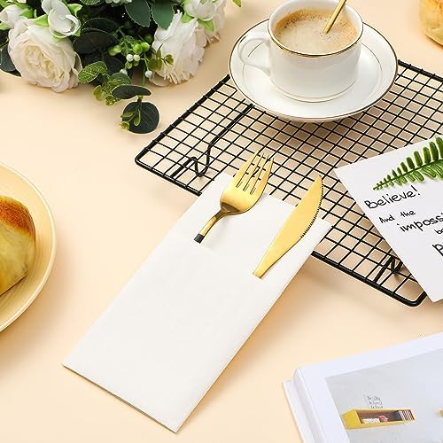 Cindeer 150 Pcs White Linen Dinner Napkins with Built in Flatware - Image 3