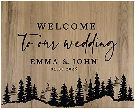Andaz Press Large Wooden Welcome Sign for Wedding, Rustic Welcome Sign 16" x 20" Custom Names Pine Trees Woodland Wedding Signage English Oak MDF Wood Finish Wedding Reception Indoor Outdoor Signs by AndazPress