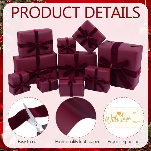 Burgundy Christmas Kraft Wrapping Paper 45 ft Velvet Ribbon 12 Gift Tags - Image 3