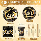 Pickmesh 400 Pcs 40th Anniversary Party Supplies, Black Gold Tableware Set - Image 3