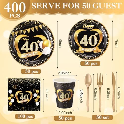 Pickmesh 400 Pcs 40th Anniversary Party Supplies, Black Gold Tableware Set - Image 3