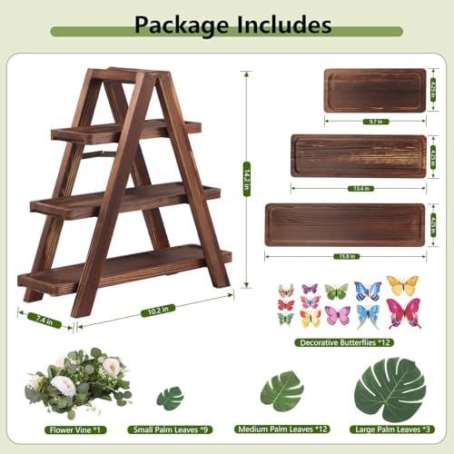 Wooden 3 Tier Cupcake Stand with Flower Vine, Palm Leaves & Decorative Butterflies, Cupcake Holder for Tea Party Supplies, Serving Trays for Party Perfect for Dessert Cups and charcuterie Cups - Image 7