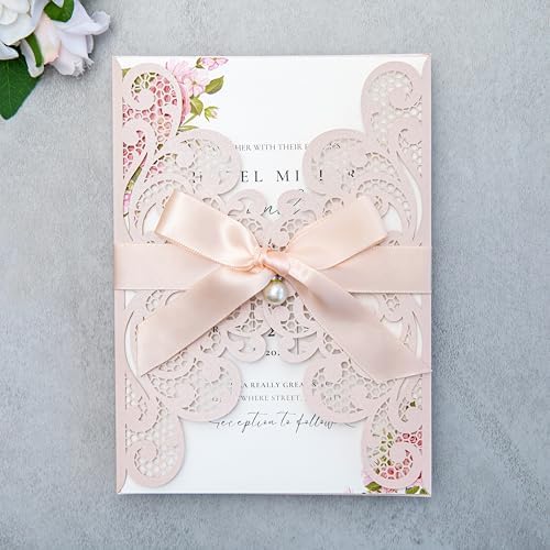 20Pcs Blush Pink Laser Cut Wedding Invitation Cards With Envelopes by FEIYI