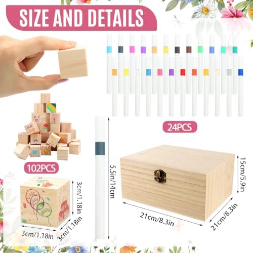 150 Pcs Wildflower Baby Shower Games Sign Kit, Including a Decorate Flower Game Sign 102 DIY Wooden Blocks 36 Acrylic Markers 10 Stencils 1 Storage Box, for Baby Shower Party Gender Reveal - Image 3