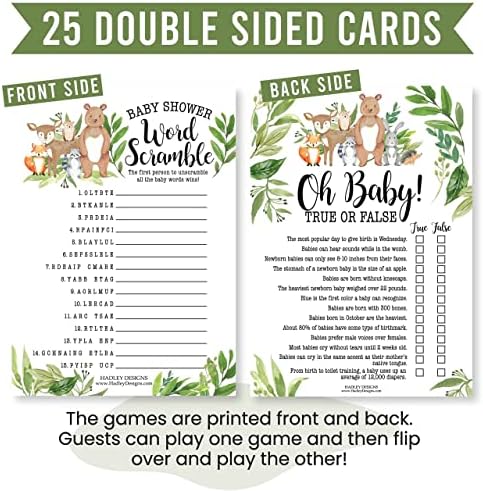 Hadley Designs 25 Woodland Word Scramble for Baby Shower, 25 True Or False Game, 25 Trivia Game, 25 Find The Guest - 4 Double Sided Cards Baby Shower Ideas, Gender Reveal Games Baby Shower Games - Image 6