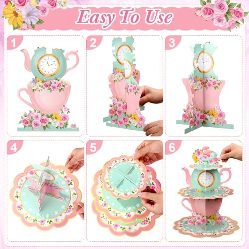 Zopeal 129 Pcs Disposable Tea Party Supplies Teapot Cupcake Stand Vintage Floral Cup Plate Napkin Princess Tea Party Decoration Tableware for 16 Guests Birthday Baby Shower Bridal Wedding Decoration - Image 5