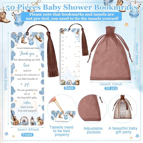 Gilprop 50 Sets Baby Shower Favors for Guests Includes 50 Baby Shower Ballpoint Pens 50 Thank You Bookmarks 50 Organza Bags for Gender Reveal Gifts Guest Prizes(Cowboy,Blue) - Image 4