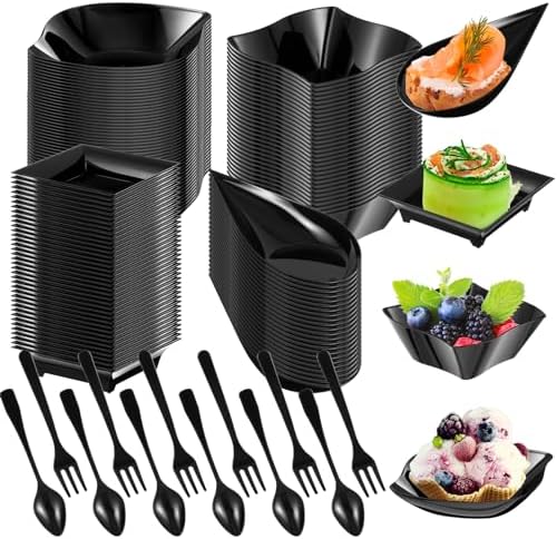 Tessco for you 400 Pcs Mini Appetizer Plates Set Including 200 Disposable Dessert Plates Assorted Shape 100 Mini Plastic Forks 100 Plastic Spoons for Party (Classic Style, Black) by Tessco