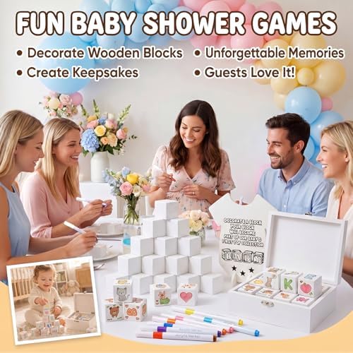 62 Pcs Baby Shower Blocks to Decorate Game Kit, 48 Blank White Wooden Blocks, 12 Markers, 1 Bodysuit-shaped Instruction Sign, 1 Box, Baby Shower Gender Reveal Activities for Guests - Image 4
