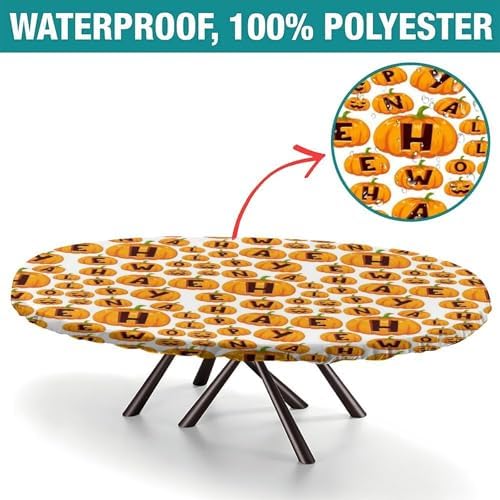 Halloween Letters Pumpkins Fabric Print Oval Tablecloth Fitted Leakproof & Sturdy Washable for Birthday New Year Bachelor Party Graduation Fits for 52" x 70" Oval Table - Image 2