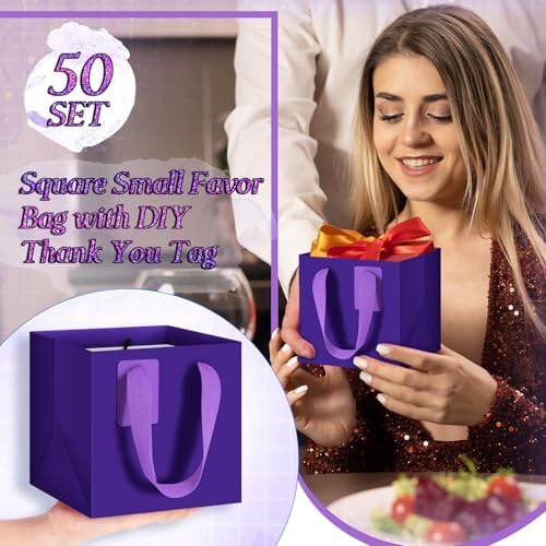 Windyun 50 Pcs Mini Paper Gift Bags with Handle 6 x 6 x 6'' Square Small Favor Bag with DIY Thank You Tag for Christmas Birthday Wedding Bridal Shower Bridesmaid Graduation Party (Purple) - Image 3