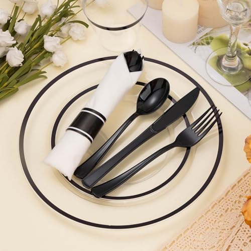BESTSTAR 700PCS Clear and Black Disposable Plastic Plate Set for 100 Guests - Image 5