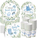 Pickmesh 250 Pcs Blue Boy Baby Shower Disposable Tableware Set Hello Sweet Boy Paper Plates Napkin Cup Cutlery with Sage Decoration for Gender Reveal Birthday Party Supply Baby Shower, Serve 50 Guest by Pickmesh