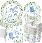 Pickmesh 250 Pcs Blue Boy Baby Shower Disposable Tableware Set Hello Sweet Boy Paper Plates Napkin Cup Cutlery with Sage Decoration for Gender Reveal Birthday Party Supply Baby Shower, Serve 50 Guest by Pickmesh