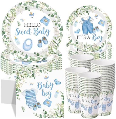 Pickmesh 250 Pcs Blue Boy Baby Shower Disposable Tableware Set Hello Sweet Boy Paper Plates Napkin Cup Cutlery with Sage Decoration for Gender Reveal Birthday Party Supply Baby Shower, Serve 50 Guest by Pickmesh