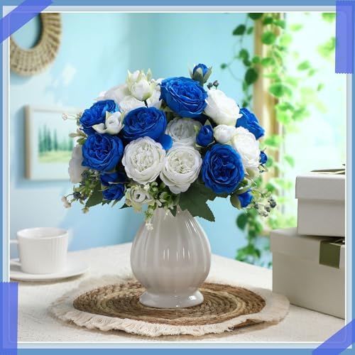Geosar 8 Bundles Artificial Peonies Flowers,Royal Blue, White - Image 4