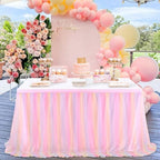 Pastel Rainbow Pink Table Skirt Ruffle Mermaid Party Tablecloth for Rectangle Table Tables or Round Tables 9ft Birthday Party Baby Shower Decorations by QueenDream