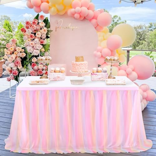 QueenDream Pink Tutu Table Skirts 14ft Colorful Tulle Table Skirt for Rectangle Tables for Baby Shower Birthday Party Wedding Decorations by QueenDream