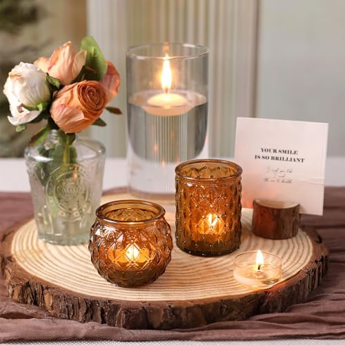 DARJEN Amber Votive Candle Holders Set of 24- Round Candle Holders Bulk, Glass Candle Holder for Vintage Decoration, Tea Lights Candle Holders for Wedding Home Party & Gift - Image 4
