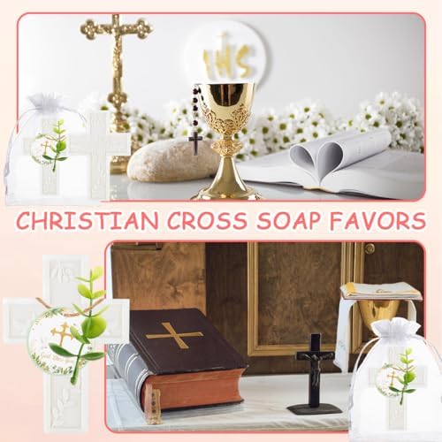 50Sets Baptism Party Favors for Guests Cross Scented Soap Gift Bulk with Thank You Tags and Organza Bags for Christening First Communion Baby Shower Gender Reveal Wedding Bridal Party Decoration - Image 5