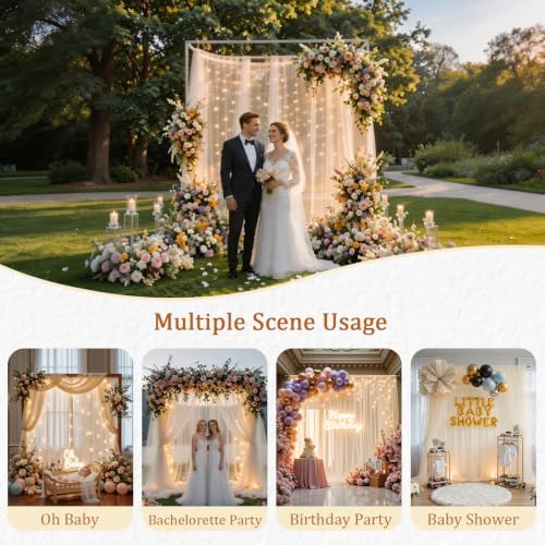 Gallety Ivory Tulle Backdrop Curtain with String Lights, 10x8ft Sheer Ivory Backdrop Curtain for Photography, Wedding, Bridal Shower, Baby Shower, Birthday, Anniversary, Banquet Decorations - Image 4