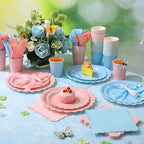 Ziliny 350 Pcs Pink Blue Plates and Napkins, 50 Guest Spring Party Supplies Include Scalloped Paper Plates Napkins Cups Plastic Spoons Forks Knives Disposable Tableware Set for Baby Shower - Image 4