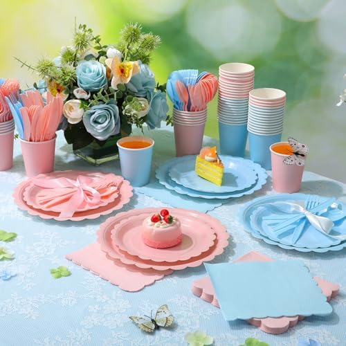 Ziliny 350 Pcs Pink Blue Plates and Napkins, 50 Guest Spring Party Supplies Include Scalloped Paper Plates Napkins Cups Plastic Spoons Forks Knives Disposable Tableware Set for Baby Shower - Image 4
