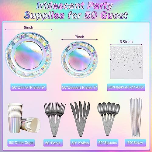 Iridescent Party Supplies Decorations, Holographic Paper Plates and Napkins Set, Disposable Iridescent Paper Plates Cups Knives Spoons Fork Straw for Mermaid Birthday Wedding Party, Serve 50 - Image 2