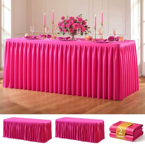 Hot Pink Polyester Table Cloths for Rectangle 8 Foot Tables, 2 Pack Wrinkle Free Tablecloths Stretchy Banquet Ruffle Fitted Table Cover Desk Skirt for Parties Wedding Birthday Baby Shower by Unknown