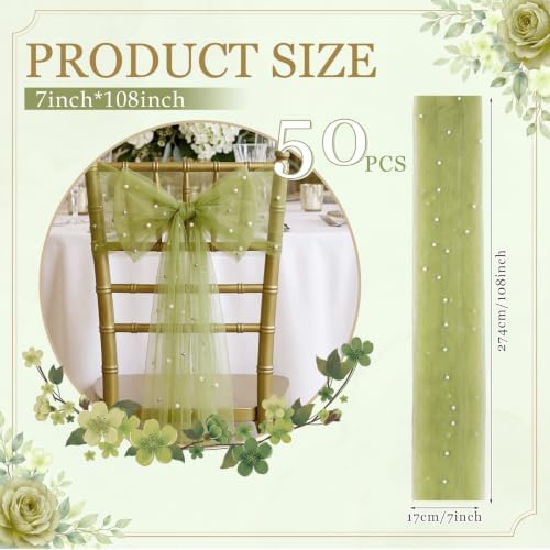 VitalCozy 50 Pack Sage Green Pearls Chair Sashes with Bows Wedding Decor - Image 2