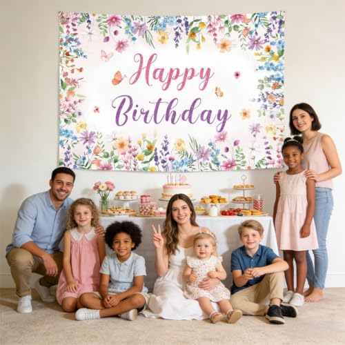 Floral Happy Birthday Backdrop Banner Size 10x8 Ft Watercolor Wildflower & Glitter Design Durable Polyester Photo Booth Background for Women's Birthday & Bridal Shower Decorations Supplies - Image 4