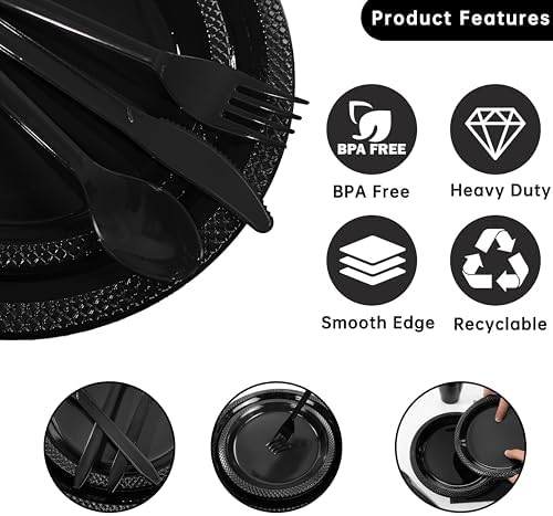 MirthMood 350PCS Black Disposable Plates,black plates disposable for party - Image 4