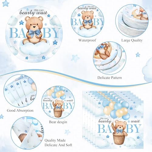 Funnymoom 452 Pcs Blue Bear Baby Boy Shower Party Supplies for 50 Guests - Image 3