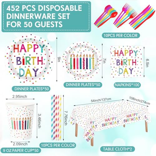 Funnymoom 452 Pcs Happy Birthday Party Decorations Supplies for 50 Guests Birthday Polka Dots Paper Plates Napkins Cups Tablecloth Cutlery for Girls Boys - Image 2