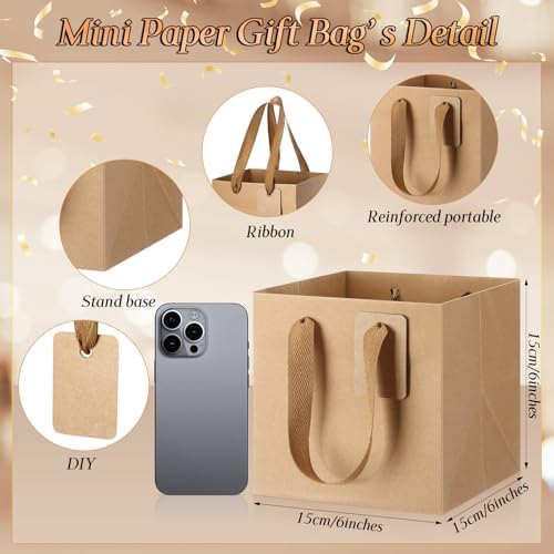 Windyun 100 Pcs Mini Paper Gift Bags with Handle 6 x 6 x 6'' Square Small Favor Bag with DIY Thank You Tag for Christmas Birthday Wedding Bridal Shower Bridesmaid Graduation Party (Kraft) - Image 2