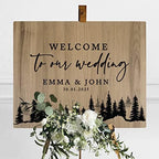 Andaz Press Large Wooden Welcome Sign for Wedding, Rustic Welcome Sign 16" x 20" Custom Names Pine Trees Woodland Wedding Signage English Oak MDF Wood Finish Wedding Reception Indoor Outdoor Signs - Image 3