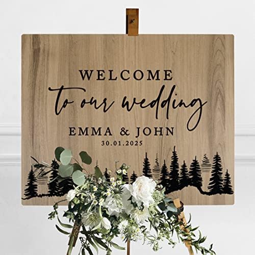 Andaz Press Large Wooden Welcome Sign for Wedding, Rustic Welcome Sign 16" x 20" Custom Names Pine Trees Woodland Wedding Signage English Oak MDF Wood Finish Wedding Reception Indoor Outdoor Signs - Image 3