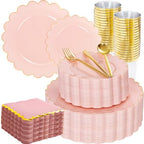 LIYH 210pcs Pink Gold Scalloped Plastic Plates, Elegant Party Dinnerware by LIYHLoveinyourheart
