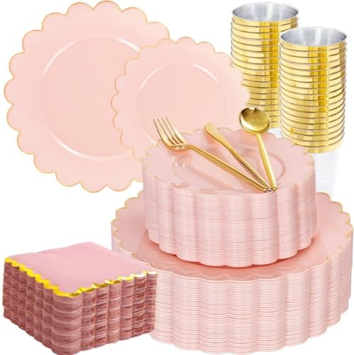 LIYH 210pcs Pink Gold Scalloped Plastic Plates, Elegant Party Dinnerware by LIYHLoveinyourheart