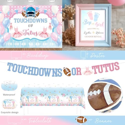 Touchdowns or Tutus Gender Reveal Decorations, 152 PCs Party Balloons Decorations Kit Supplies with Balloons, Banners, Sash, Badge Backdrop, Topper, Poster, Balloon Boxes, Tablecloth, Marker - Image 4