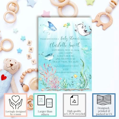 Amanda Creation Custom Baby Shower Invites Underwater Baby Shower Invitations 20 5x7 Custom Personalized Invites With Envelopes - Image 2