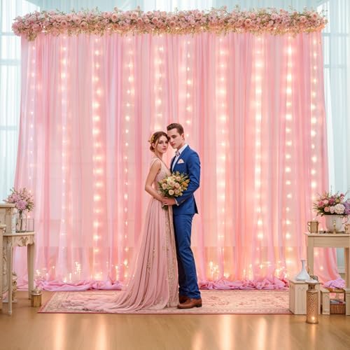 10ft x 10ft Baby Pink Backdrop Curtain with Lights String for Parties,2 Panels Sheer Tulle Curtain Wedding Photo Backdrop with Lights for Baby Shower Birthday Party Ceremony Home Decorations - Image 4